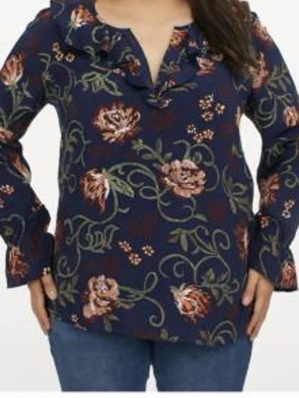 LOFT Navy Floral Ruffle V-Neck Long Sleeve Blouse Medium